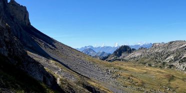 Rock cliff with deposited rock size distribution in the Bernese Alps